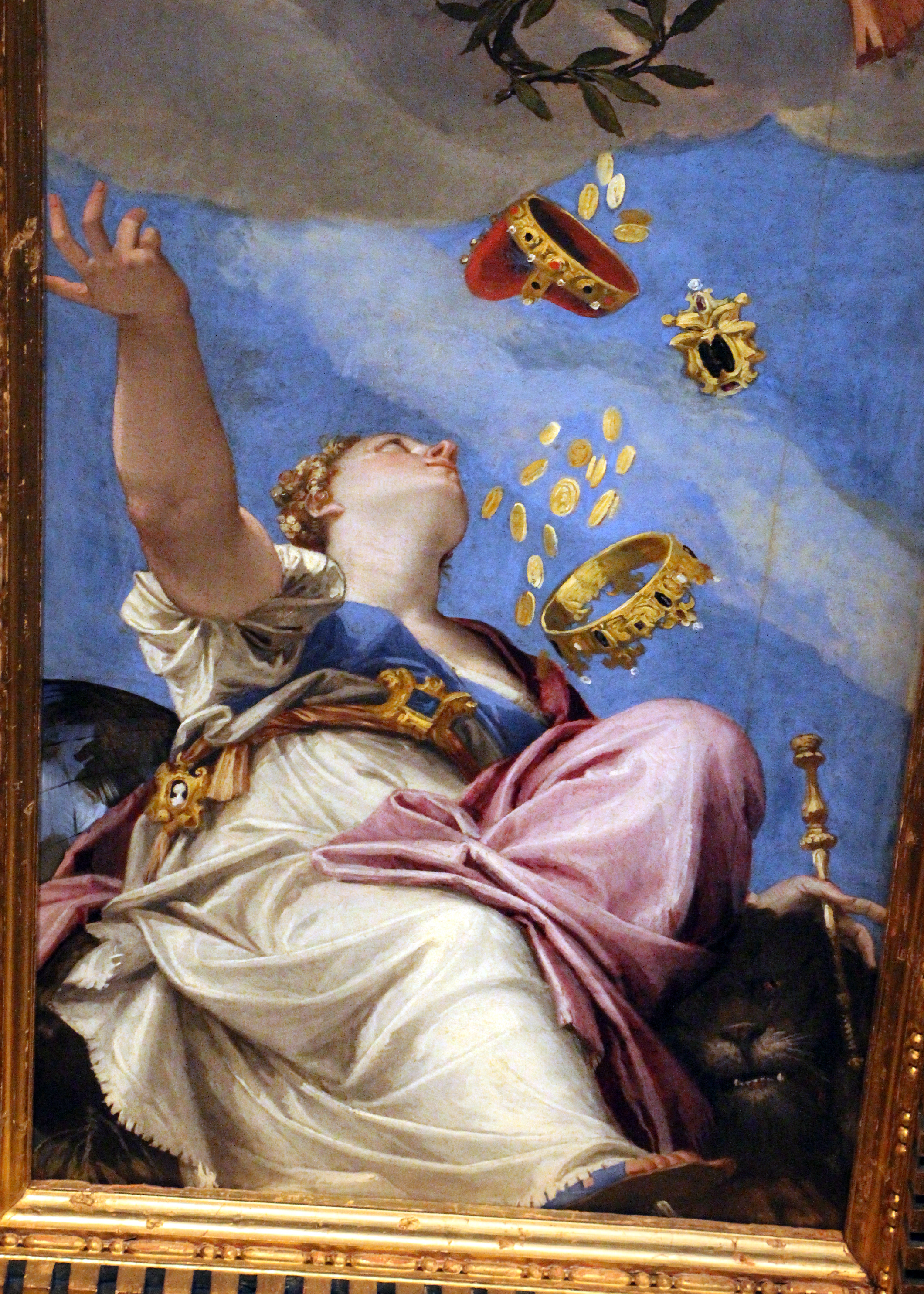 Close‑up of a monumental Venetian canvas with allegorical figures